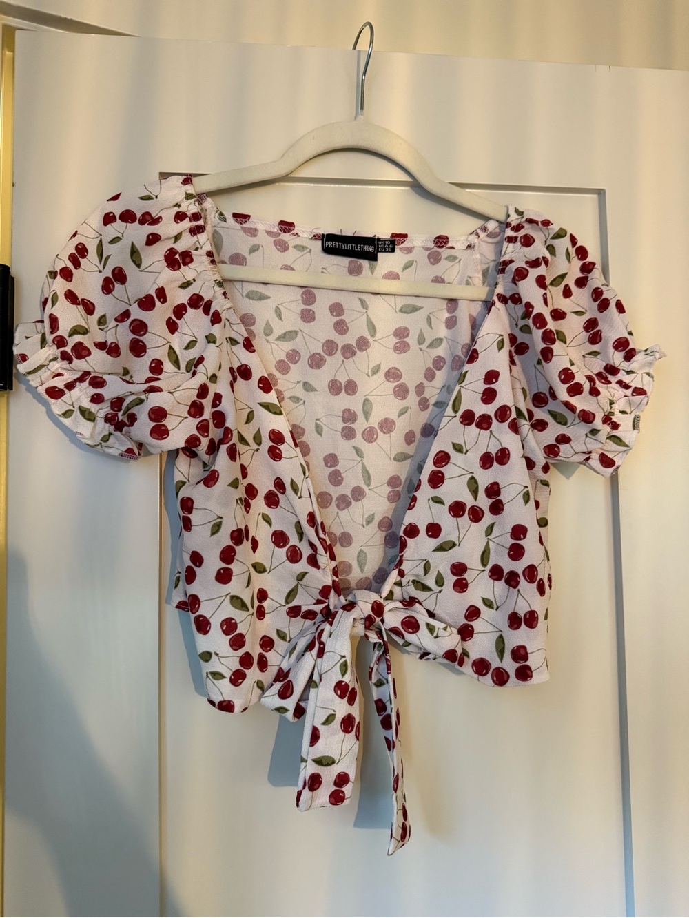 PrettyLittleThing White Cherry Tie-Front Crop Top with Puff Sleeves